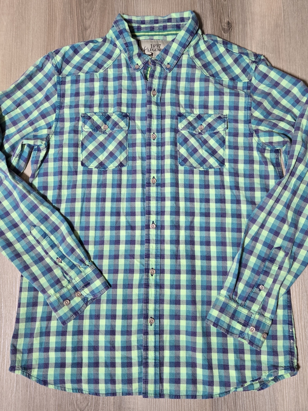 Men's Green & Blue Plaid Button-Down Shirt